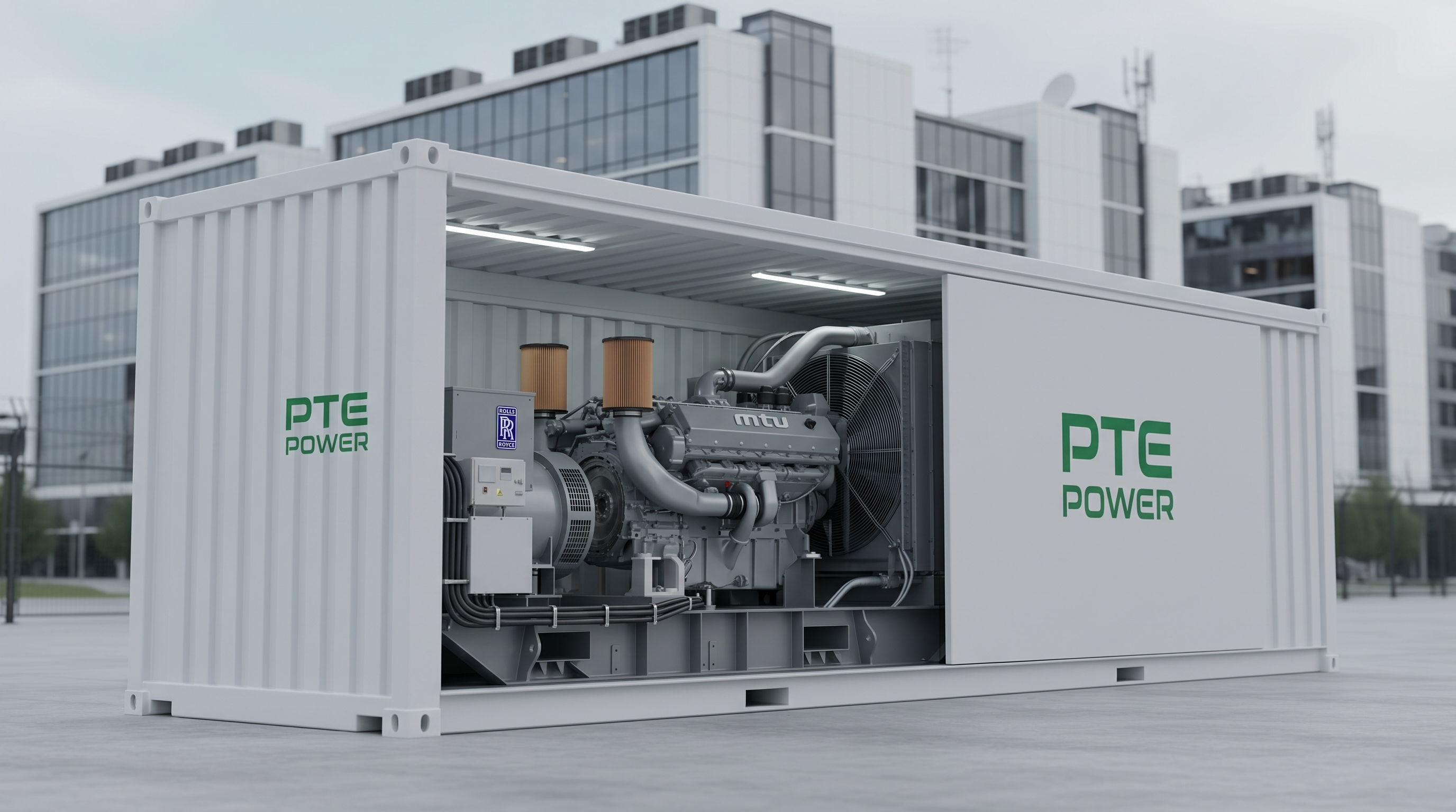 PTE Power turbine module inside a 20-foot ISO container — 20 MW continuous-power platform