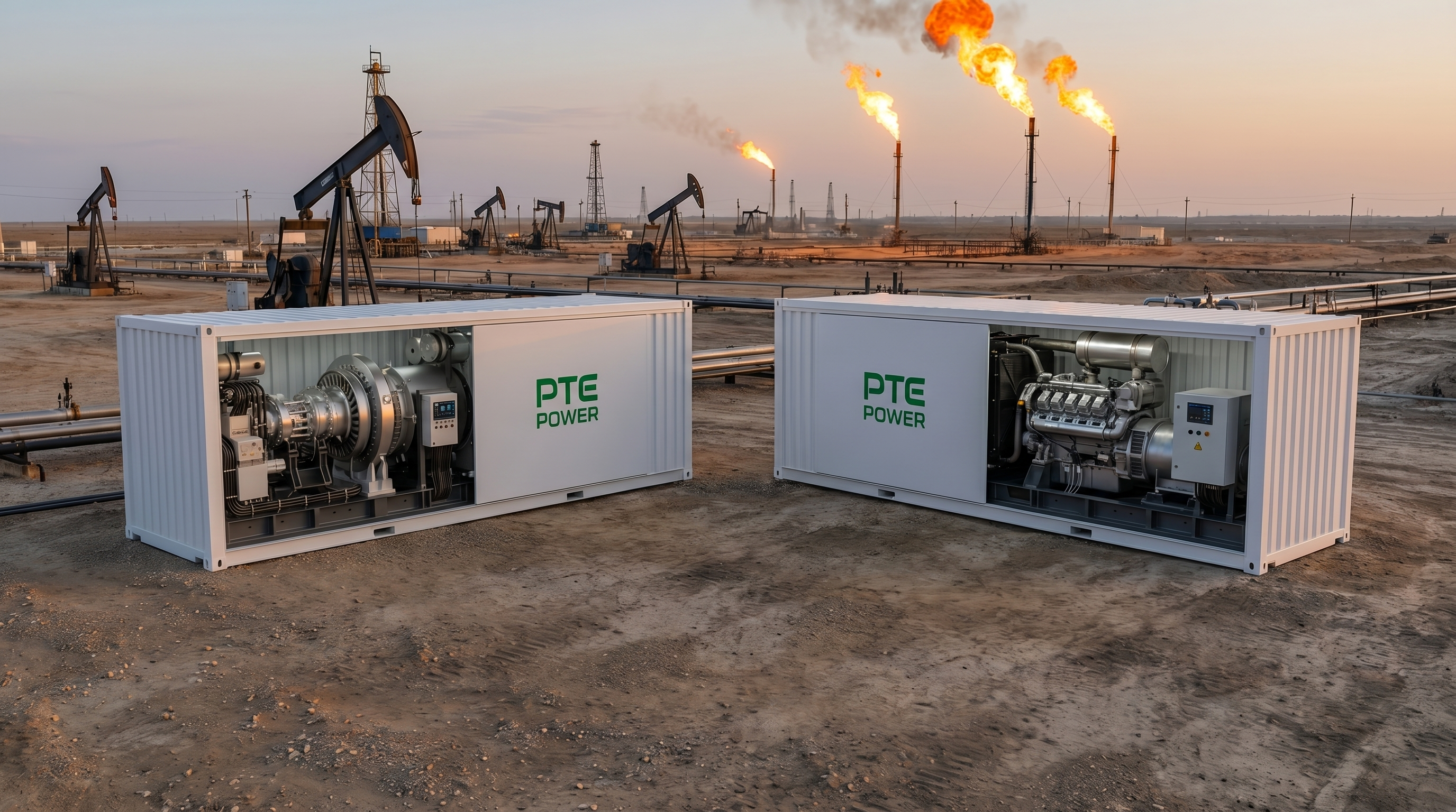 PTE Power two-container system delivering cost-efficient turbine power in an oilfield at sunset