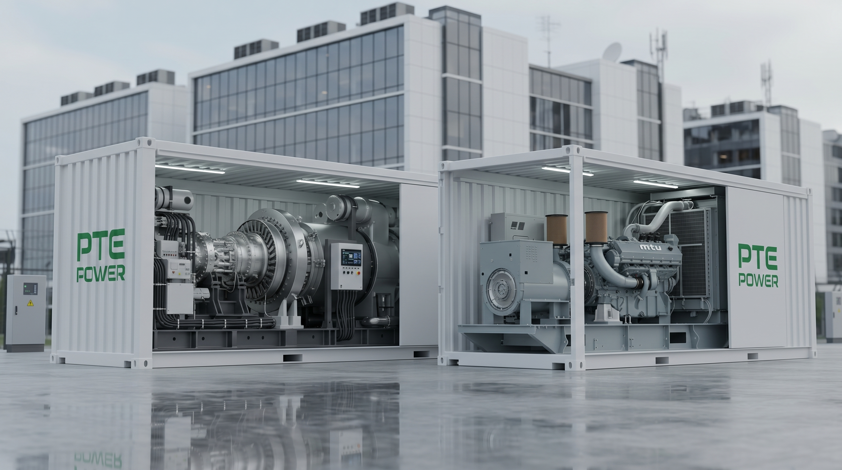 PTE Power continuous-energy platform — two 20-foot ISO containers: one housing the turbine, one housing the generator